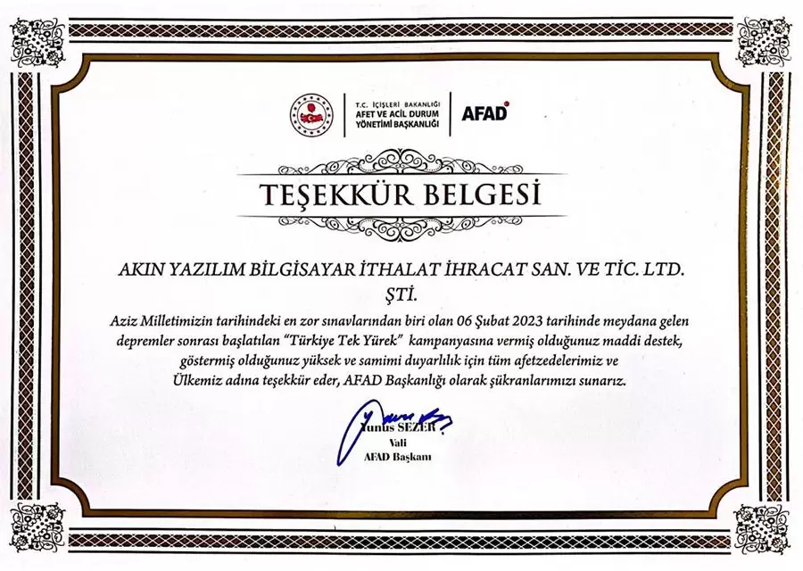 Certificate of Appreciation from AFAD to AKINSOFT